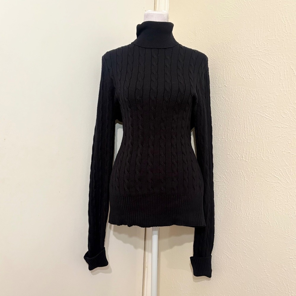 Gap Stretch Cotton Black Cable Knit Turtleneck Sweater Long Sleeve Pullover L